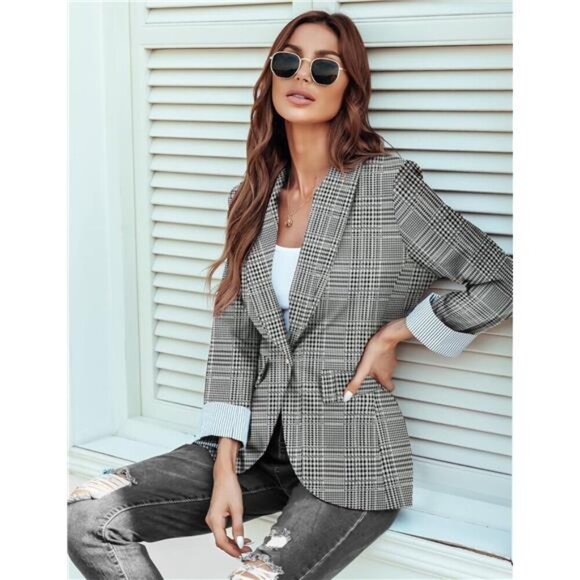 Womens Blazer Jackets with Pockets Plaid - Picture 1 of 5